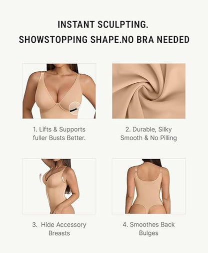 Fonicx Fit™ Deep V Shapewear Bodysuit – Tummy Control Thong Body Shaper for Women